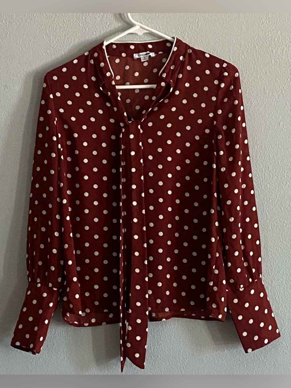 Fashion Nova Burgundy Polka Dot Tie-Neck Blouse